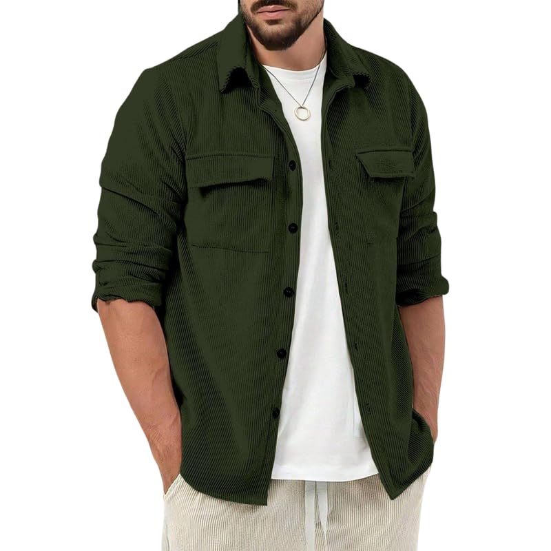 Image of Men Corduroy Casual Jacket Full Sleeve Self Design Button Front with Spread Collar, Woven Cord Lining and Two Pockets for Casual Outings