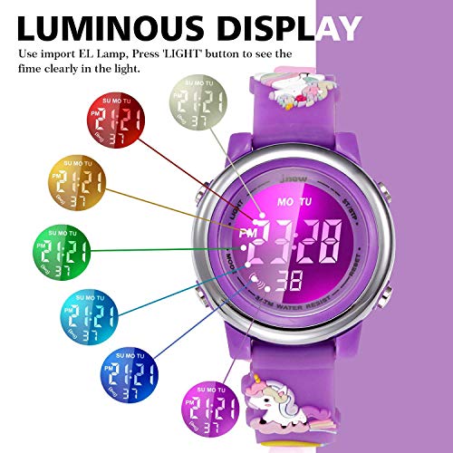 Image of Kids Watch Girls Age 3-10 - Upgrade 3D Cute Unicorn Cartoon 7 Color Lights Digital Waterproof Sports Outdoor LED Watches with Alarm Stopwatch for 3-10 Year Boys Girls Little Child Purple - Best Gift