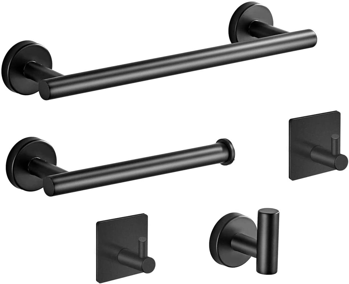 5 PCS Matte Black Bathroom Hardware Set,304 Stainless Steel Towel Rack Set Round Wall Mounted Includes 16" Hand Towel Bar,Toilet Paper Holder,3 Towel Hooks Bathroom Accessories Kit (Black)