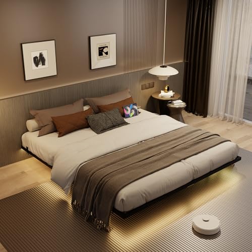 Muluflower Floating Bed Frame Full Size with Charging Station and LED Lights, Metal Platform Bed Frame, No Box Spring Needed, Easy Assembly, (Full)