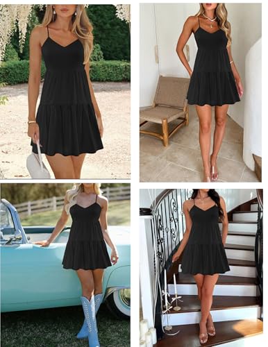 Image of Nova In Sky Womens Summer Mini Dresses Sleeveless Casual V-Neck Sundresses | Spaghetti Strap Casual Boho Mini Dress, Backless Ruffle A Line Mini Swing Skater Dress, Beach, Vacation, Concert, Graduation