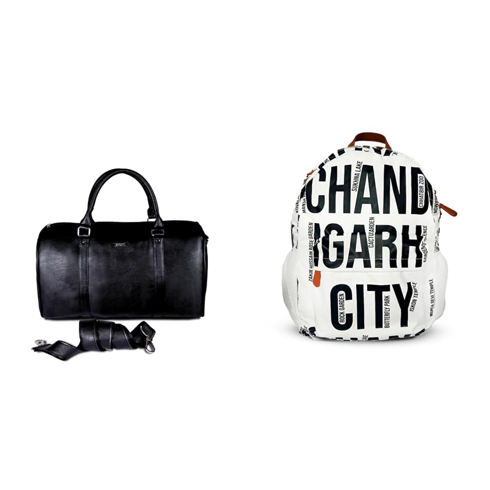 Pure Leatherette 23 Liters Duffle Bag/Cabin Baggage/Travel Bag for Men and Women (Black) + Air Backpack White Chandigarh City Print 20L Lightweight Waterproof Anti-Theft Nylon Laptop-image-31
