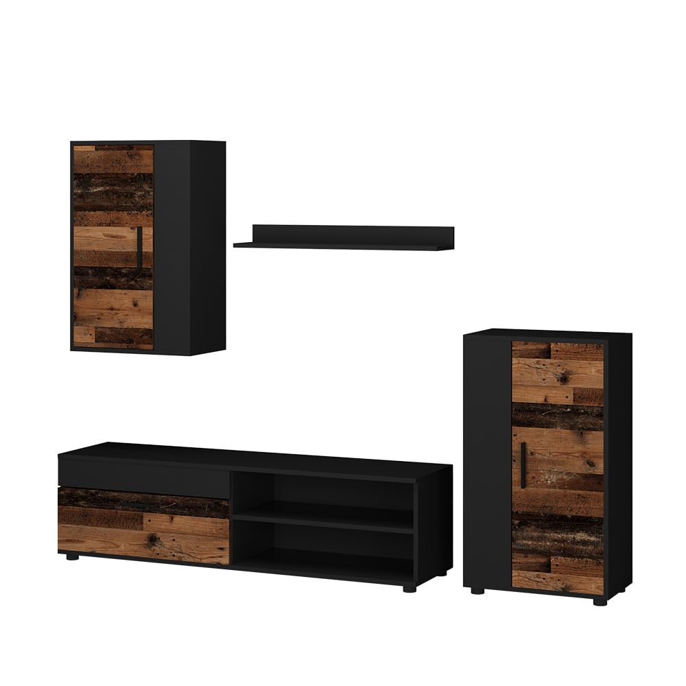 Vicco Parete attrezzata Berno, Rovere rustico, Set di 4 pezzi, adatto per la conservazione di dispositivi multimediali e accessori