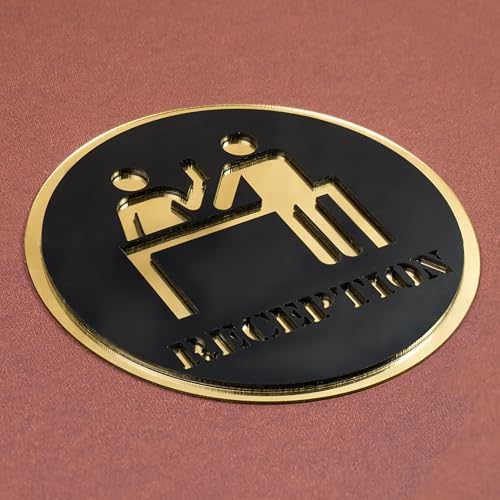 Image of Reception Round Acrylic Signage Sticker - Self-Adhesive Front Desk Sign for Office, Hotel, Clinic, Storefront & Business Spaces - Premium Black Gold Label for Glass & Smooth Surfaces