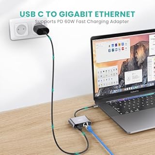USB C Gigabit Ethernet Adapter with 60W Charging Port, 1000 Mbps Ethernet to Type C,Thunderbolt 3 to RJ45 LAN Network Adapter with Power Delivery for MacBook Pro,Mac,Chromecast Google TV,iPad Air,Dell