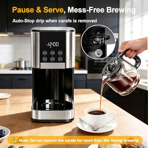 Image of 10 Cup Programmable Drip Coffee Maker, Adjustable Brew Strength, Pause & Serve, Heat Resistant Glass Carafe, Permanent Filter, Auto Shut Off, Stainless Steel, Compact Coffee Machine for Home Office