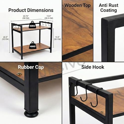 Image of Microwave Stand for Kitchen Platform 2 Tier Oven Stand with Storage Cabinet Engineered Wood Shelf 6 Hooks Black Metal Frame Oven Stand OTG Rack