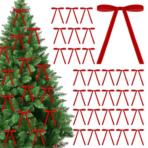 30 Pcs Velvet Christmas Bows -5 x 7 Inch Rustic Crafts Gift Bows Vintage Velvet Ribbon Bows for Christmas Tree Garland Home Wedding Decoration(Red)