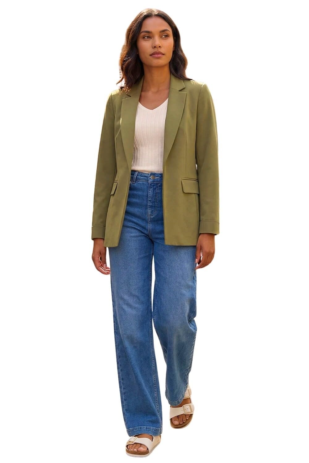 Roman Originals Women's Olive Tailored Collar & Revere Blazer For Uk - Everyday Autumn Winter Comfy Soft Evening Vacation Work Party Night Out - Size 18