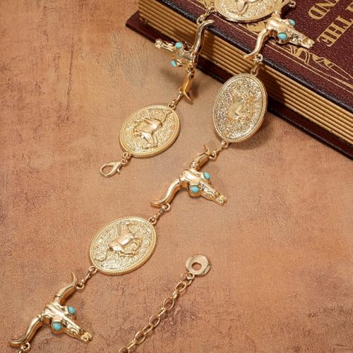 Image of WHIPPY Western Metal Concho Belt for Women Vintage Cowgirl Boho Turquoise Chain Belts for Dresses Jeans