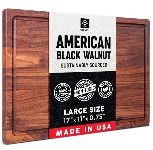 Comparison: Best Hardwood For Cutting Board 5 Mevell Walnut Wood Cutting Board for Kitchen, Reversible Wooden Chopping Board With Juice Grooves, Made in USA (Walnut, 17x11x0.75)