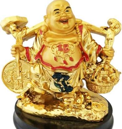 Jakha Porcelain Laughing Buddha Statue (Gold_12 x 8.5 x 12 cm)