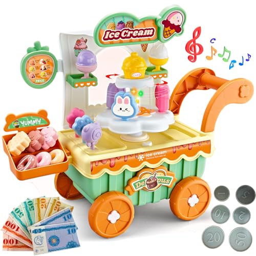 Ice Cream Cart Toy Play Set for Kids, Pretend Play Ice Cream Shop Kitchen Food Toys, Montessori Educational Ice Cream Truck Toys for Toddlers 3-5 Preschool Learning Activities (Green)