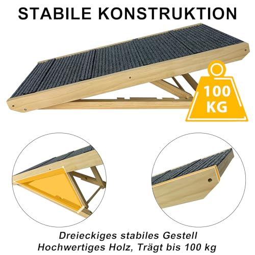 YRHome Klappbar Hunderampe Holz 100x40x60cm Hundetreppe für große Katzen und Hunde Anti-rutsch Hundeeinstiegshilfe für Bett Sofa oder Auto Haustiertreppe Bis 100kg Tragbare Tierrampe höhenverstellbar