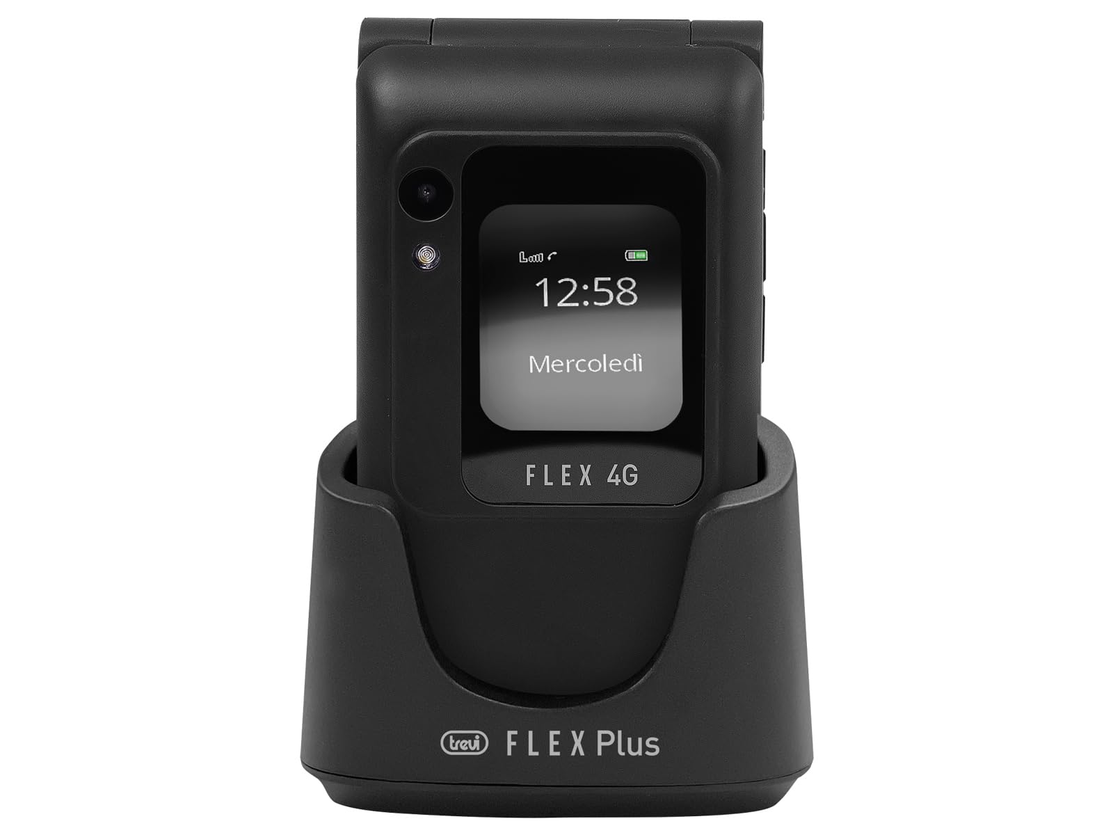 Trevi FLEX PLUS 95 4G Senior Phone a Conchiglia 4G con Doppio Display, Tasti Grandi Retroilluminati, Tasto SOS, Base di Ricarica USB-C, Cellulare Facile per Anziani con Funzioni Multimediali
