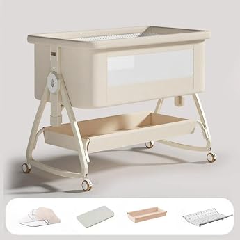 Baby Crib, Folding Sleeping Bed, Converts into a Rocker, Easy to Carry, Height Wheels Included, Multi-functional, Lightweight, Fixing Belt with Sheath, Can be Used for Long Times Beige