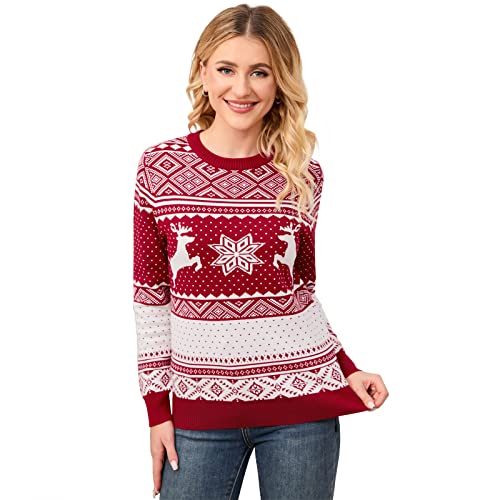 Image of MISSKY Family Christmas Sweater Crew Neck Reindeer Snowflakes Knitted Pullover for Women /Men /Kids
