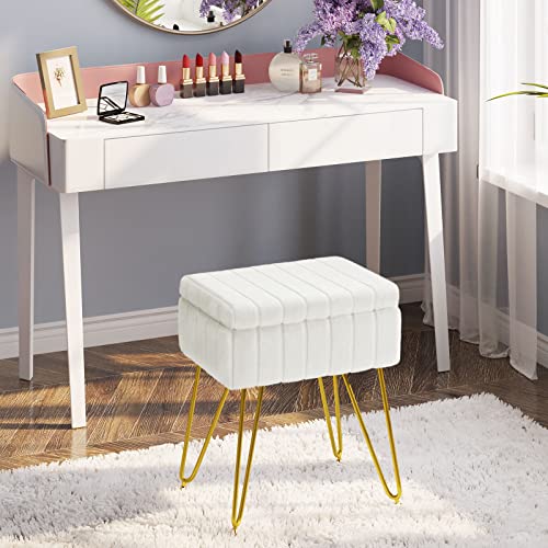 Greenstell Vanity Stool Chair Faux Fur With Storage, 15.7"L X 11.8"W X 19.4"H Soft Ottoman 4 Metal Legs With Anti-Slip Feet, Furry Padded Seat, Modern Multifunctional Chairs For Makeup, Bedroom White #TOP1