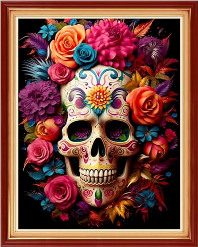 Image of Dooxvey Cross Stitch Kits for Adults Stamped Full Range of Embroidery Starter Kits for Beginners 11CT Printed Cross Stitch Patterns Needlepoint Kits Stamped Crossstitching-Colorful Skull 16x20 inch