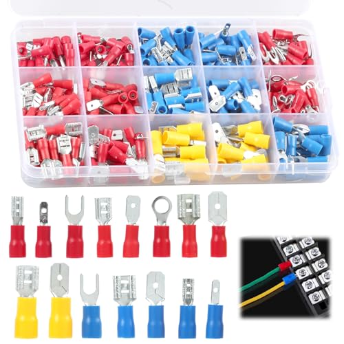 280 Juego Terminales Eléctricos, Conectores de Cable Eléctricos Aislados para Cableado Automotriz y Doméstico, Kit de Conectores Macho Hembra Anillo Horquilla y Pala con Crimpado, Fácil Caja