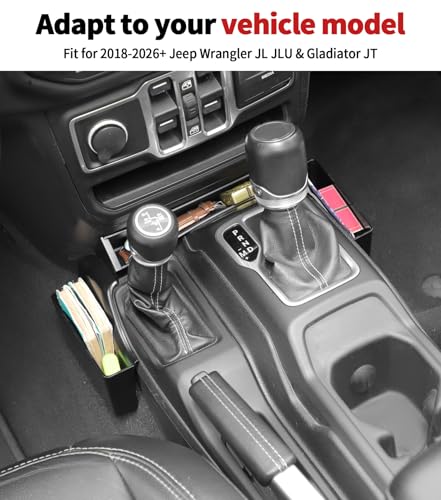 Image of JWWY Gear Shift Storage Box for 2018-2026 Jeep Wrangler JL /JLU & Gladiator JT 4xe, Center Console Organizer & Trunk Storage, Split-Type Interior Storage Tray Accessories Black