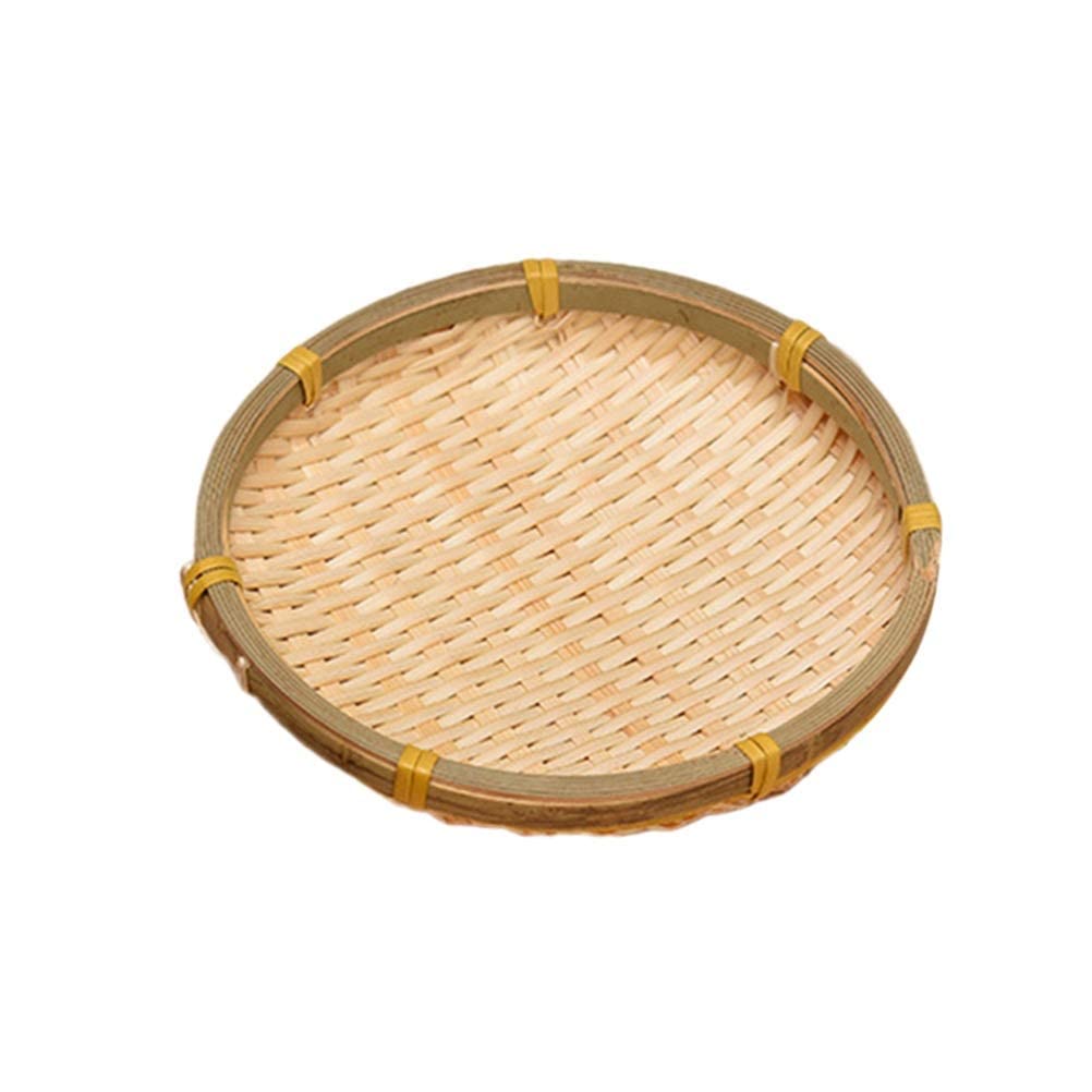 zalati Food Drain Basket 2pcs Round Hand-woven Bamboo Drying Tray for Fruit and Vegetables Beans Nuts Snacks Temporary Storage - 16cm