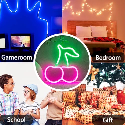 Image of HOHOSIGN Cherry Neon Sign Lights LED Lamp Cherry Decor Birthday Party Decorations, Pink Green Accessories for Women Fruit Gifts, USB /Battery Operated Neon Sign for Wall Decor Room Home Girls Bedroom