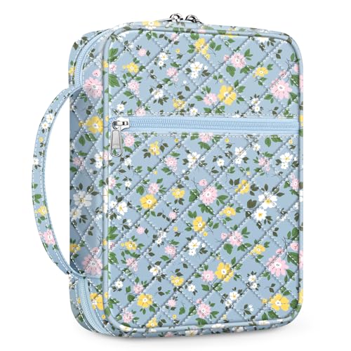 Image of FINPAC Bible Cover, Carrying Book Case Church Bag Bible Protective with Handle and Zippered Pocket, Gift for Men Women Mother Lady, Floral Dusty Blue, 11 inch x 8 inch x 2.3 inch inches
