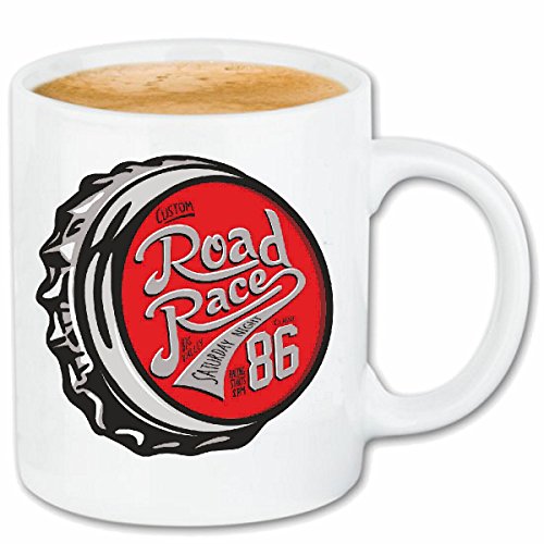 Reifen-Markt Kaffeetasse Custom Road Race BIERDECKEL Motorsport Race Racing Formel Motor Team Speed Speedway Classic American Keramik 330 ml in Weiß Cover