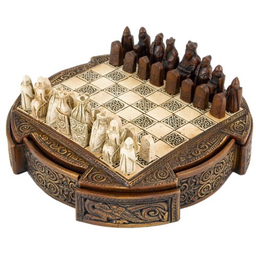 Jeu d'échecs celtique compact marron de l'île de Lewis – Échiquier de 20,3 cm et pièces...