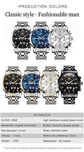 Image of OLEVS Men's Business Watch With Date, Luminous Quartz Movement, Waterproof Stainless Steel Strap, Stopwatch Timing Function - Silver Band, Gold Case, Blue Dial, Classic