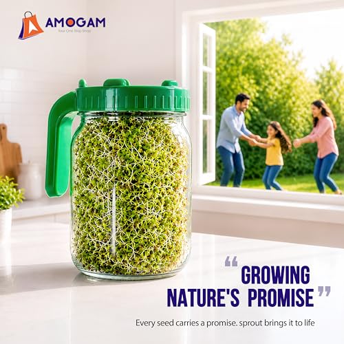 Image of Sprouts Maker Glass Jar - 950ml Large Sprouts Maker Jar for Home Use | BPA-Free Sprouting Jar with Drain Lid Handle | Reusable Glass Sprout Maker Jar for All Seeds and Beans (Green - 2pcs)