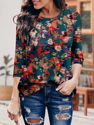 KISSMODA Tunic Tops for Women Loose Fit Dressy Round Neck Pleated 3/4 Length Sleeve Spring Tops