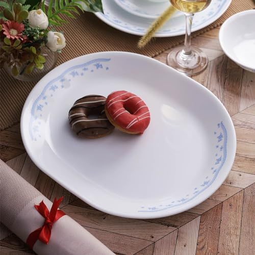 Image of CORELLE Morning Blue 31CM Multipurpose Kitchen Serving Oval Platter|Ideal for Snack /Tandoori|Vitrelle 3 Layer Glass|Lightweight Non-Porous Surface Crockery|1-Year Warranty on Chip /Break /Scratch