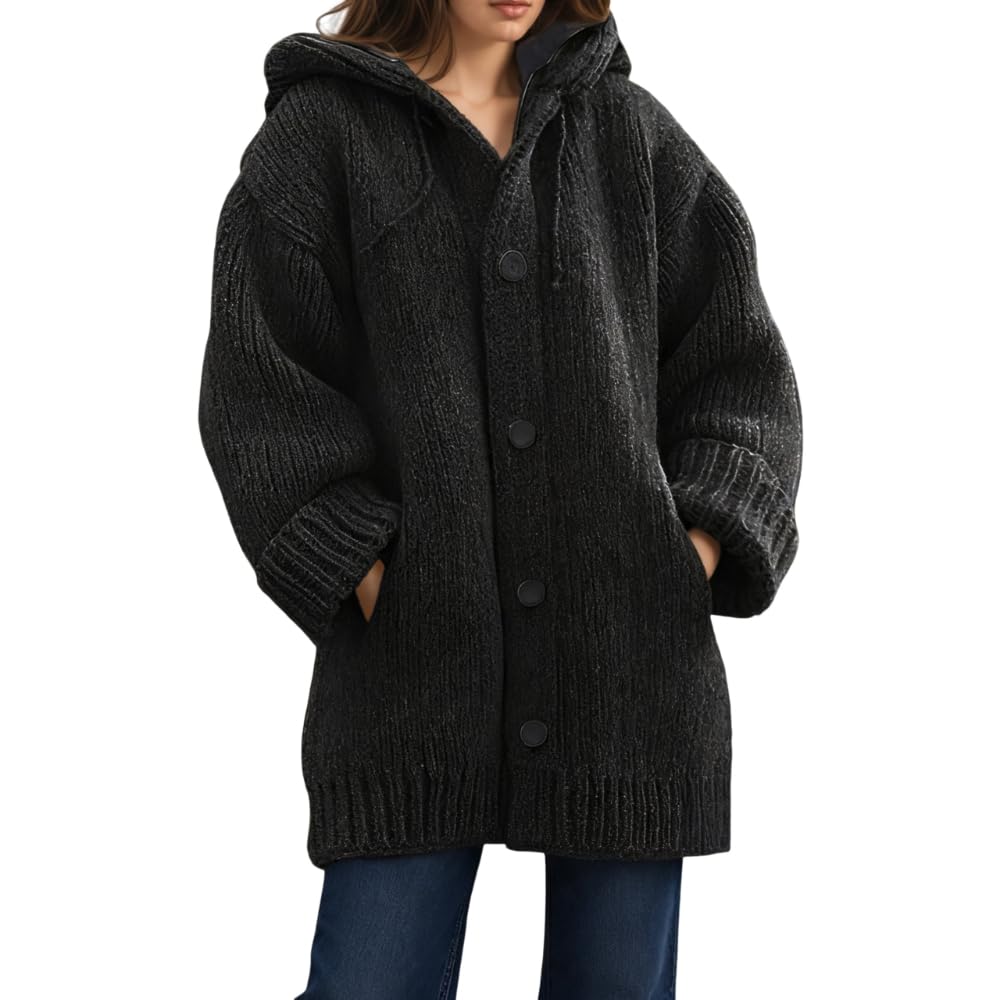 TIAFORD Womens Oversized Black Chunky Knit Hooded Cardigan - Fall Winter Warm Button Down with Pockets Essential Winter