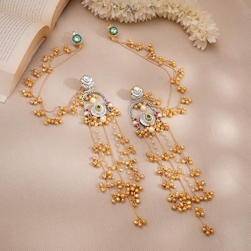 Image of Rubans Long Jhumka Earrings with Ear Chain Pearl Beaded Traditional Wedding Jewellery Gift for Women & Girls