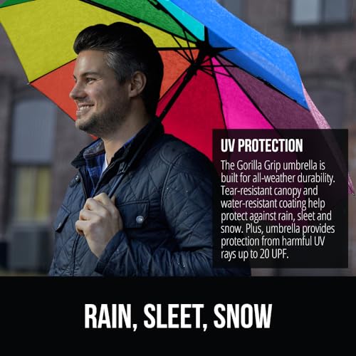 Image of GORILLA GRIP Compact Travel Size Umbrella for Rain, Sleek Design Fits Backpack, Purse and Carry On, Lightweight Under 1lb, One Click Open and Close, Wind Resistant, Durable Waterproof, Rainbow