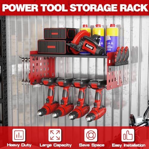 Yeabett 2 Layer Power Tool Organizer Storage Rack, Tool Shelving for 4 Drill Holders, Heavy Duty Wall Mounted Rack for Garage, Home, Workshop (Red) 6 Yeabett 2 Layer Power Tool Organizer Storage Rack, Tool Shelving for 4 Drill Holders, Heavy Duty Wall Mounted Rack for Garage, Home, Workshop (Red) - Image 6