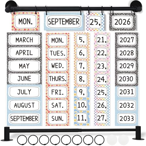 Magnetic Calendar Bulletin Board Set Flip Calendar with Magnetic Adjustable Holder Composition Classroom Decoration with 60 Date Cards for School Home Office Decor Supplies 2026 (Multiple Style)