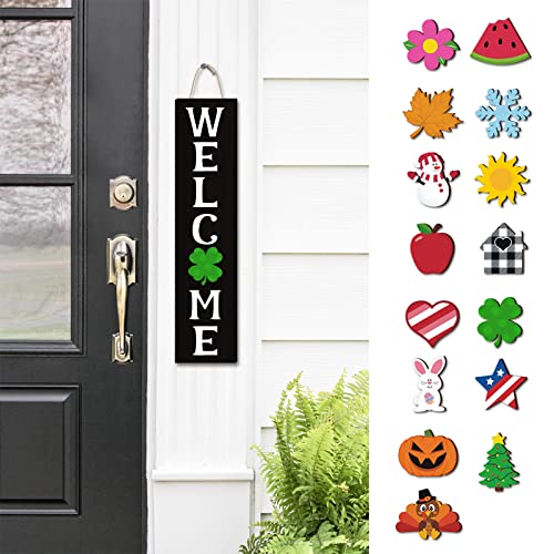 Yaaaaasss! Interchangeable Mini Welcome Vertical Door Sign Wooden Indoor Outdoor Hanger with 15 Pcs Seasonal Replaceable Ornaments Rustic Farmhouse Porch Sign Home Decoration Ideas -Black
