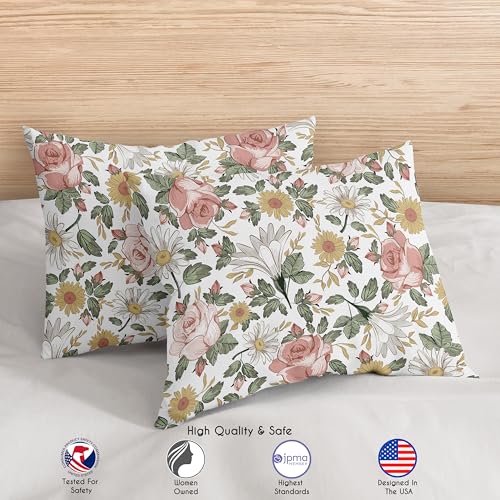 Image of Sweet Jojo Designs Vintage Floral Boho Girl Full /Queen Size Kid Childrens Bedding Comforter Set - 3 Pieces - Blush Pink, Yellow, Green and White Shabby Chic Rose Flower Farmhouse