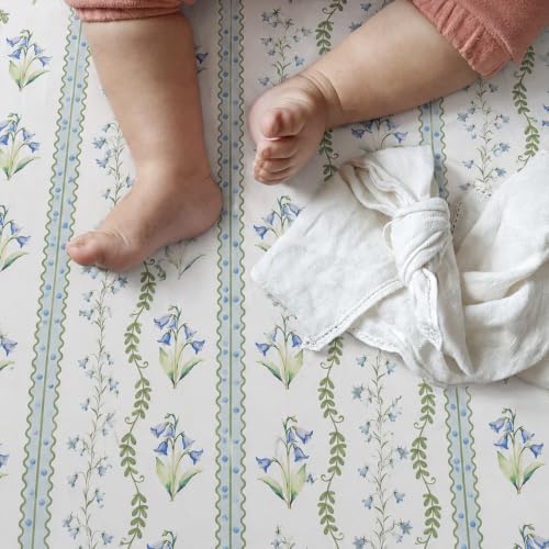 Image of Brandream Organic Crib Sheets for Girls Boys Fitted Crib Mattress Sheet Neutral, Soft Breathable Cotton Cover for Baby Bed Toddler Mattress, Blue Grandmillennial Botanical Floral Stripes and Vines