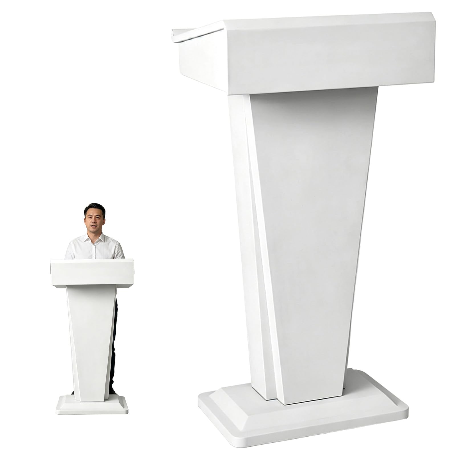 KRYANFEN Modern Floor Standing Lectern, Speech Podium with Storage White