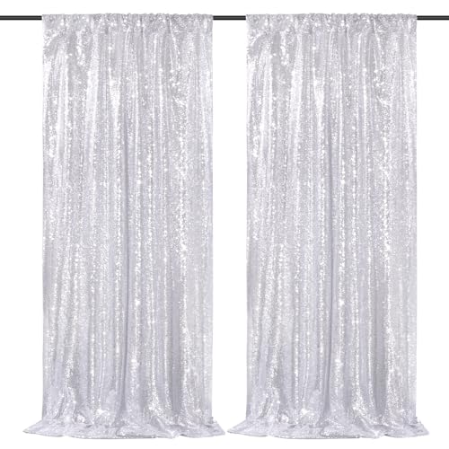 Image of Silver Sequin Backdrop Curtains-2 Panels 3FTx8FT Silver Backdrop for Wedding, Glitter Party Decorations Background Drapes for Birthday Party Anniversary Graduation Photo Booth Decor