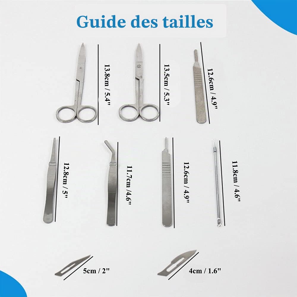 Kit de dissection de 7 pièces pour étudiants en médecine, kit de dissection de biologie outil de dissection de laboratoire avec poignée de scalpel et scalpel adapté aux grenouilles, etc.