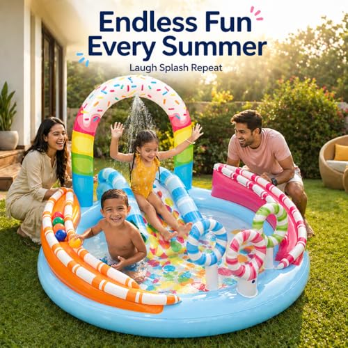 Image of Toy Imagine Candy Zone Inflatable Kids Pool Play Center with Water Slide & Sprinkler, Backyard Toddler Pool, Outdoor Summer Water Park (116 inch x 75 inch x 51 inch)