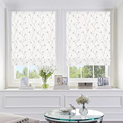 Roman Shades Window Shades, Grey Brance Leaf Blackout Light Filtering Custom Window Roman Blinds, 10% Linen Fabric Roman Shades For Windows, French Doors, Doors, Kitchen Windows #TOP2
