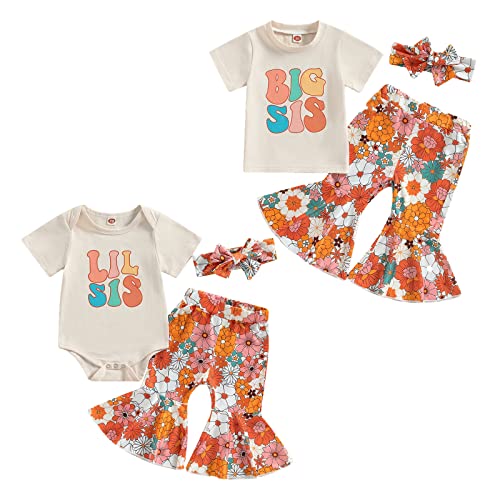 Image of Saliuentm Big Sister Little Sister Matching Outfits Baby Girl Outfit Romper/Shirt Flared Pants Headband Summer Clothes