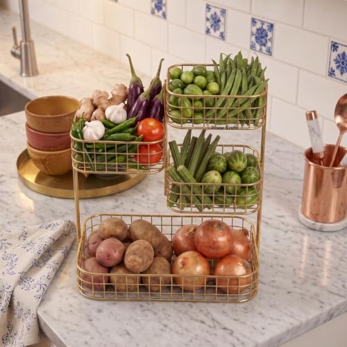 Image of 4 Tier Fruit Basket for Kitchen | Space Saving Decorative Kitchen Organizer | Multi-Layer Dining Table Organizer for Fruits, Snacks & Jars (4 Tier - Gold)