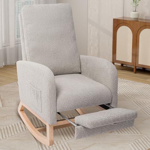 Image of GEAIMQX Boucle Rocking Chair Nursery, Cozy Glider Rocking Chair with Retractable Footrest for Living Room Bedroom Nursery Indoor, High Back, Rubber Wood Base, Side Pockets (Light Grey)